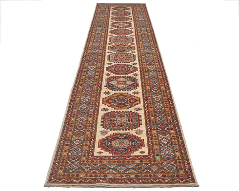 12 Feet Beige Kazak Afghan Hand Knotted Wool Runner Rug